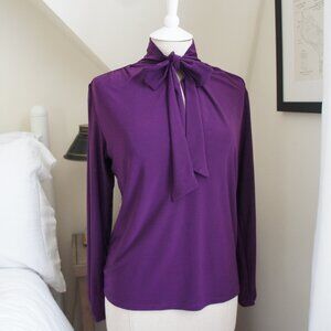 Aritzia Babaton Dark Purple Tie Neck Long Sleeve Secretary Blouse Size Small